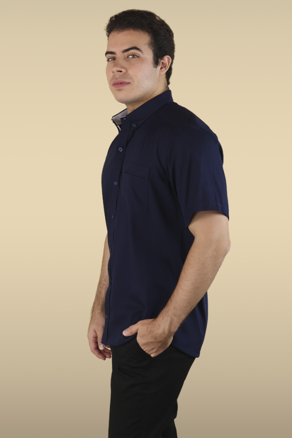 Camisa Manga Corta Azul Marino Slim Fit Cuello Americano Para Caballero